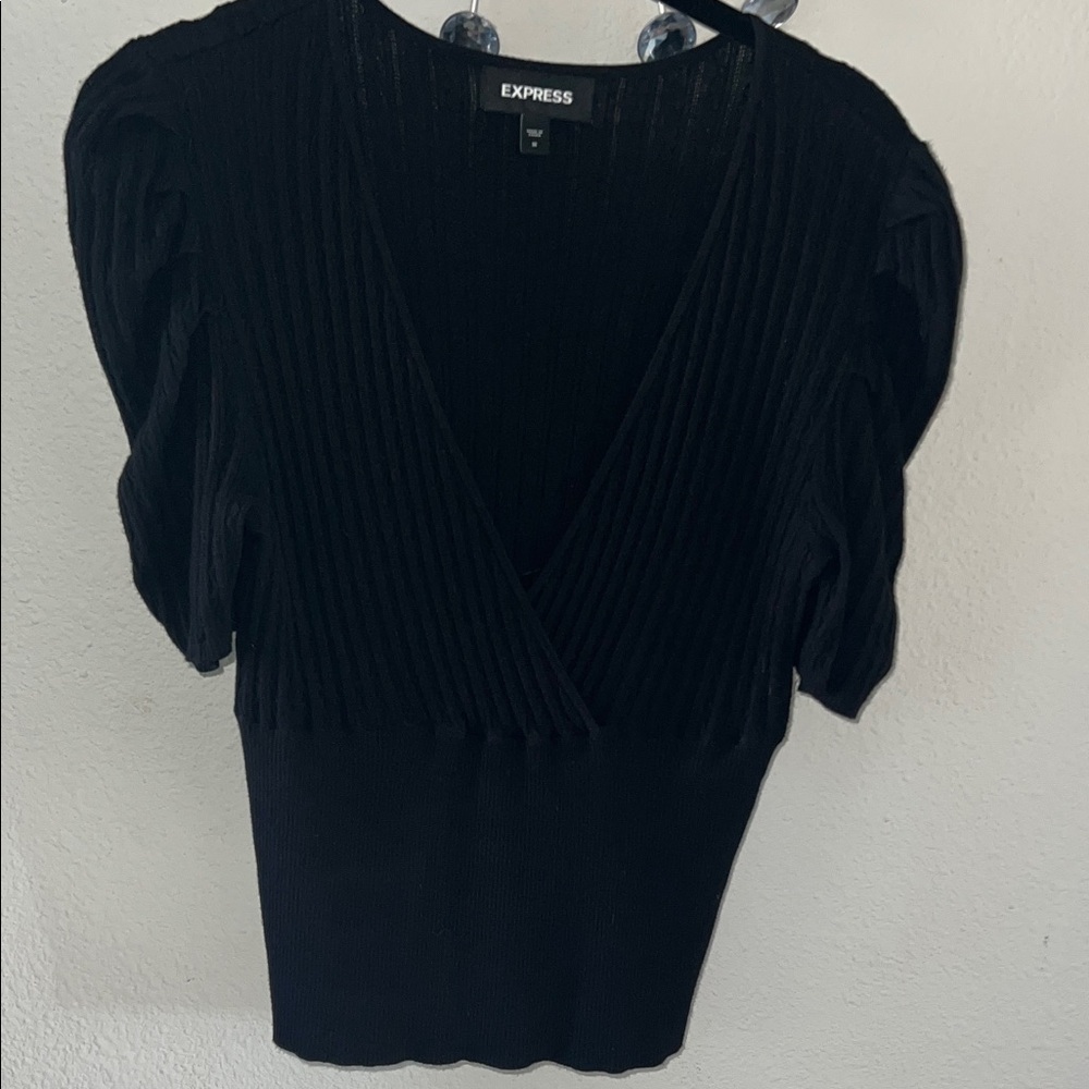 Express Black Ribbed Wrap Top Medium